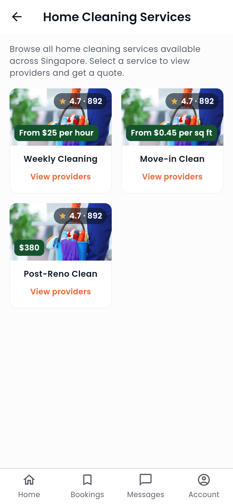HomeProSG category page for home cleaning: services from different pros with ratings, price models and View providers.