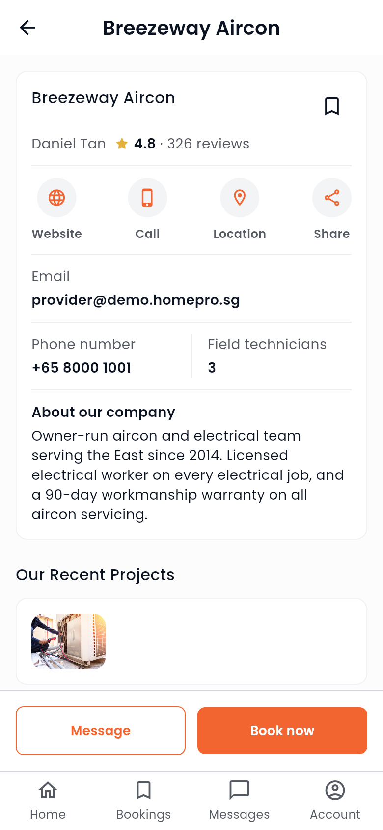 HomeProSG provider profile: rating and reviews, contact actions, team size, recent projects, Message and Book now.