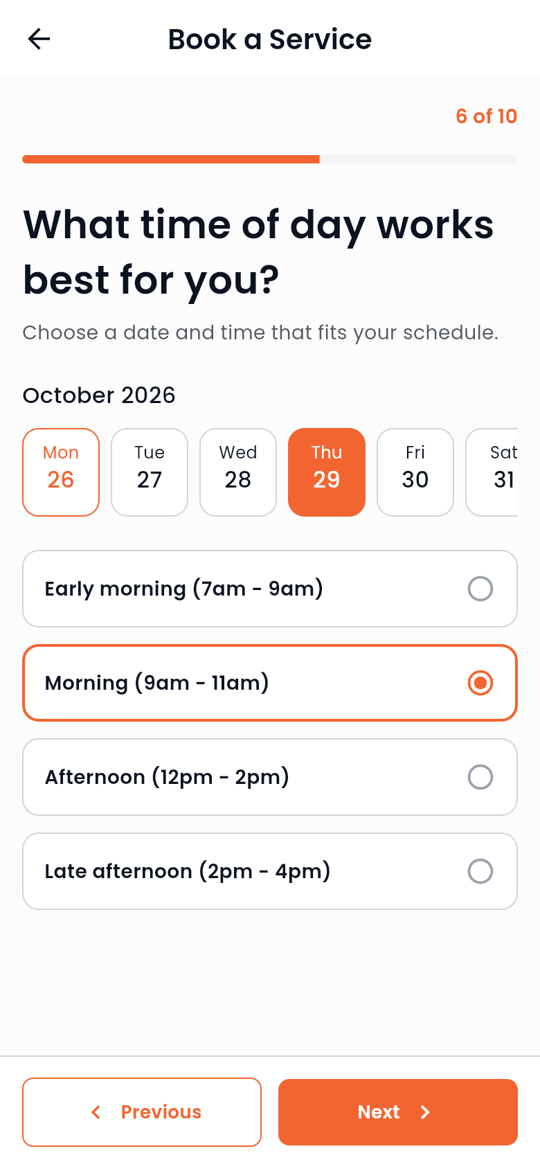 HomeProSG booking request, step 6 of 10: choosing a date in the next 21 days and an open time window.