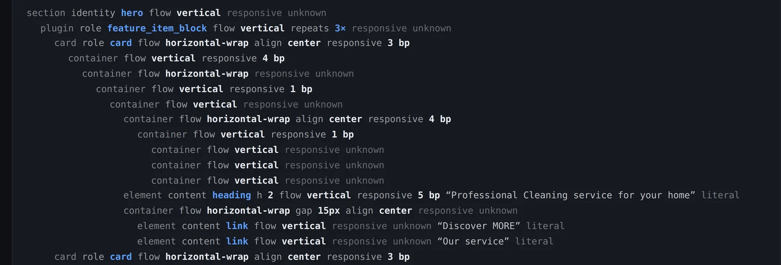 An intent tree: section, plugin role, cards, containers with flow and responsive breakpoints, heading and links