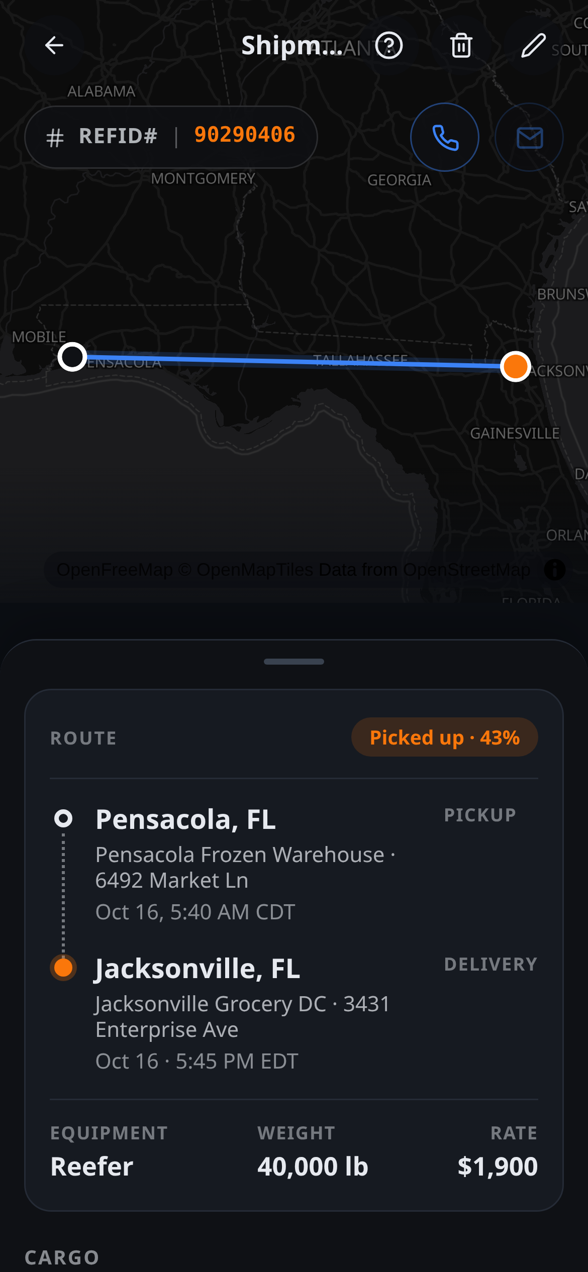 RouteDawg manager app route details: one load's route on a map, pickup and delivery with appointments, equipment, weight and rate.