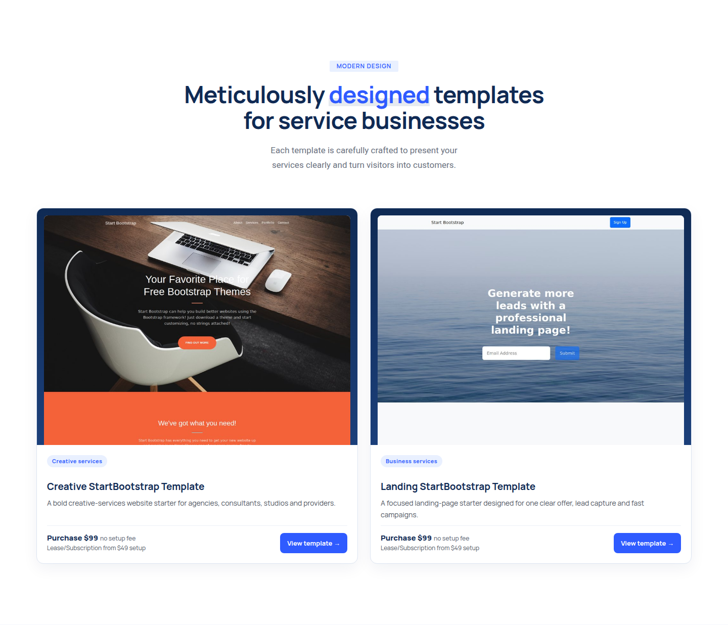 Template Hub catalogue: two templates with their purchase and subscription prices