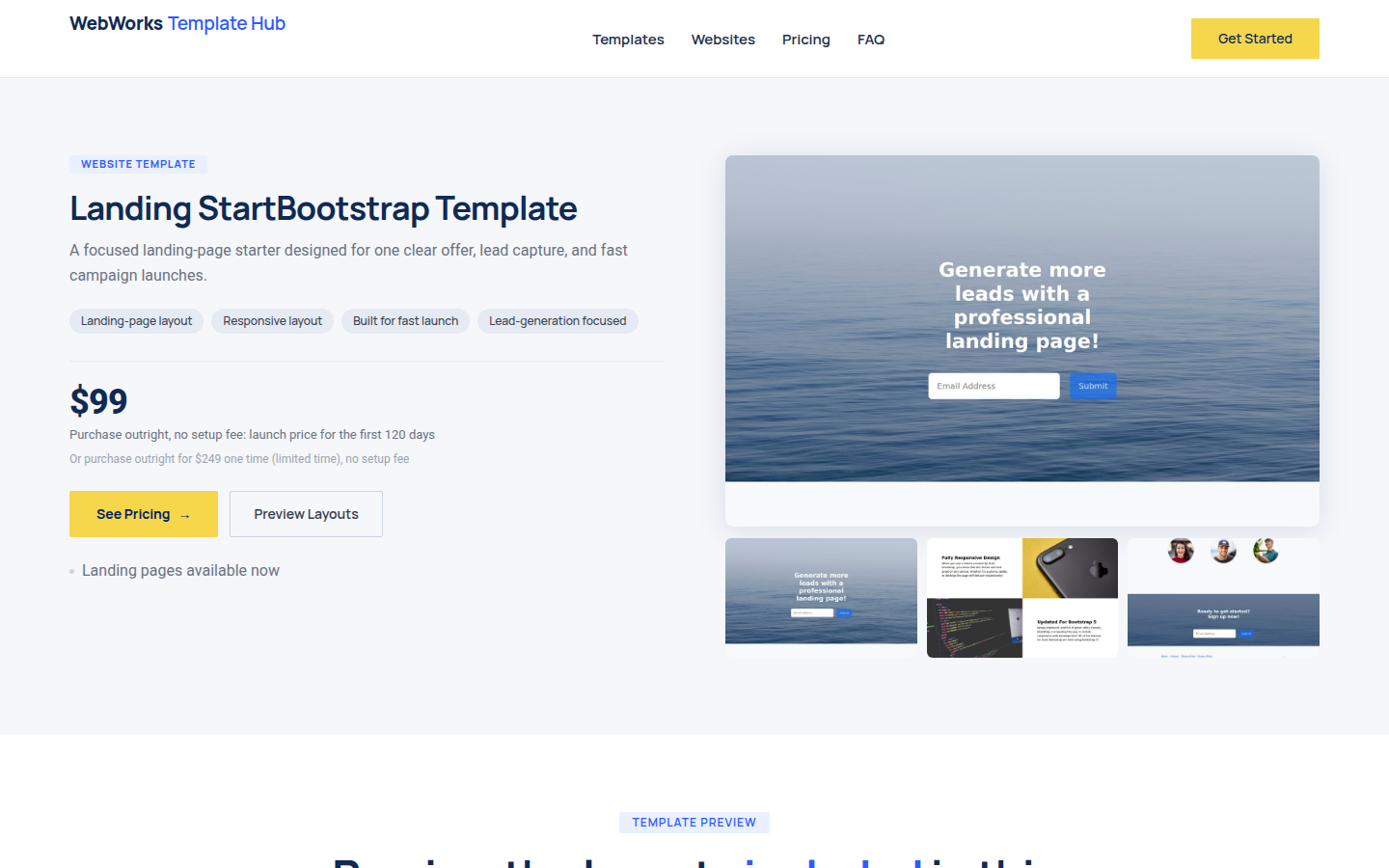 A template product page with its price, features and layout previews
