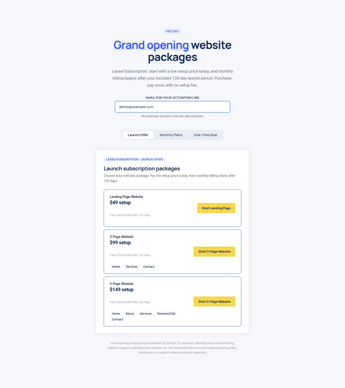 Pricing: the activation email filled with demo@example.com and three launch packages
