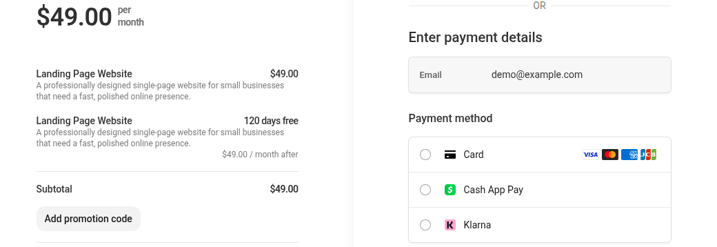 Stripe Checkout in test mode for the Landing Page Website package: $49 setup, then $49 a month after 120 free days