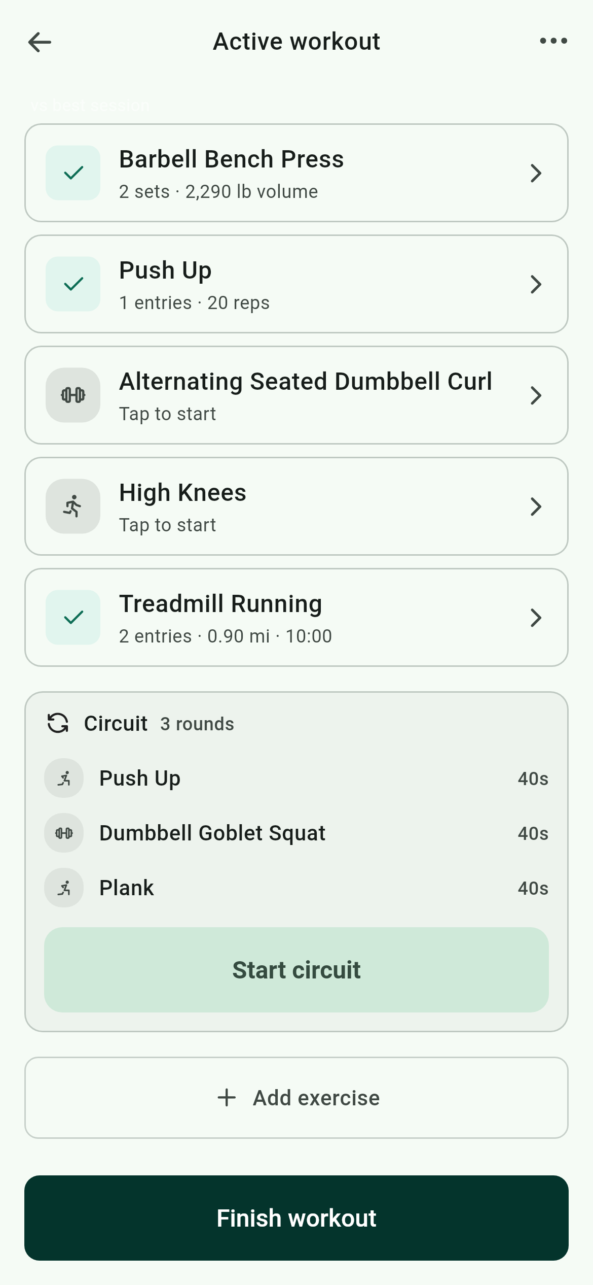 TruFitness active workout: the workout's exercises with progress and a timed circuit block ready to start.