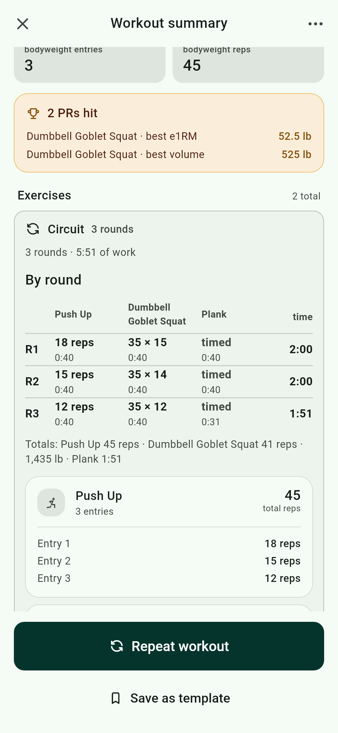 TruFitness completed-workout summary: personal records hit and the circuit's round-by-round record.