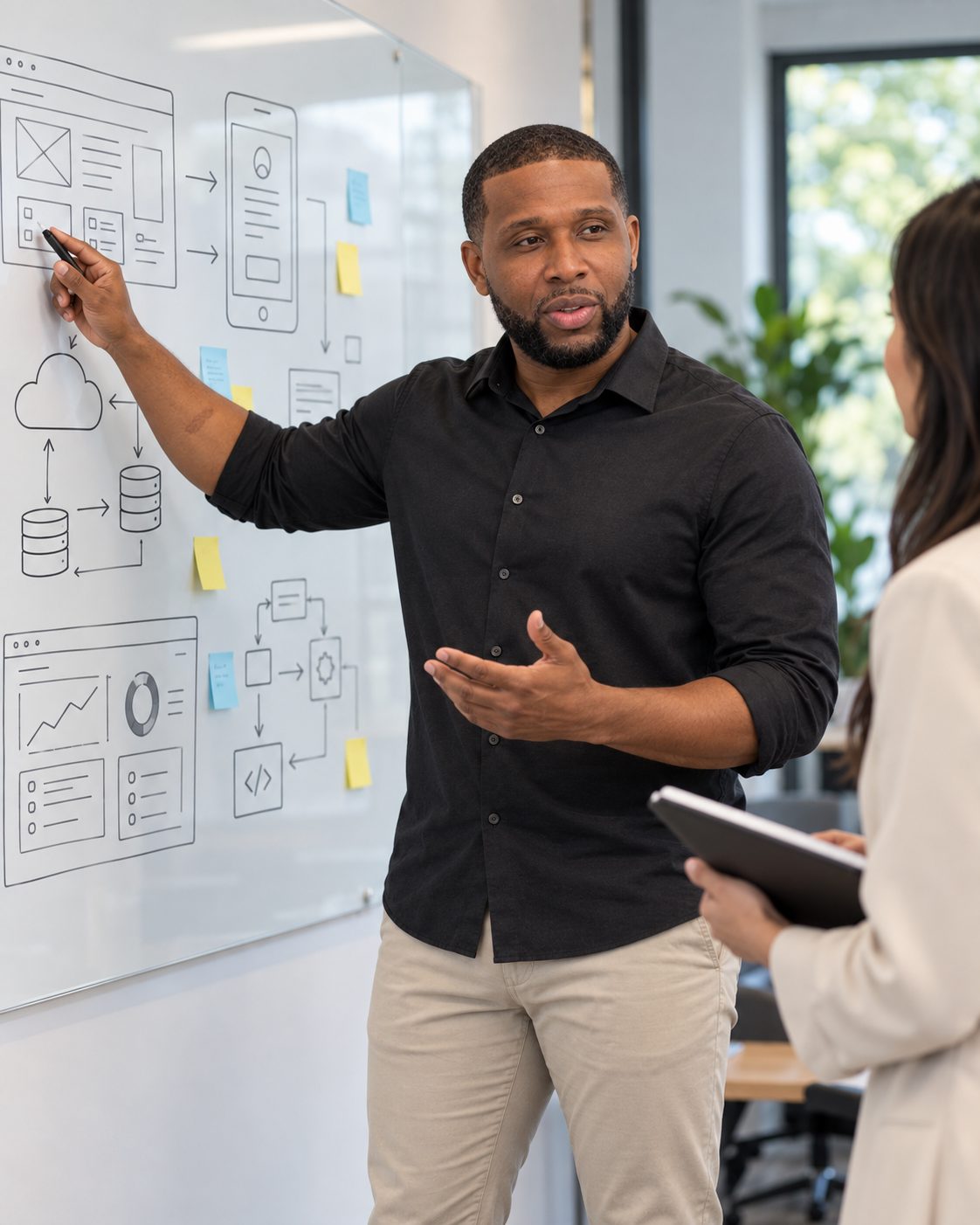 Joshua in an office at a glass whiteboard of wireframes, a cloud and database diagram and a flow chart, talking a client with a folder through the plan