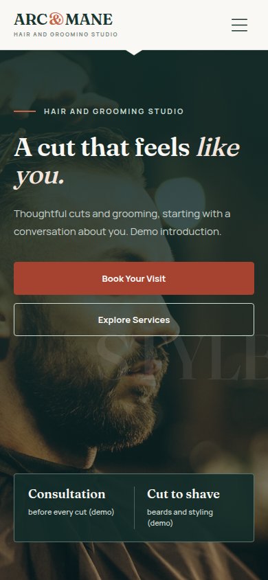 ARC & MANE home page at phone width, top of the page