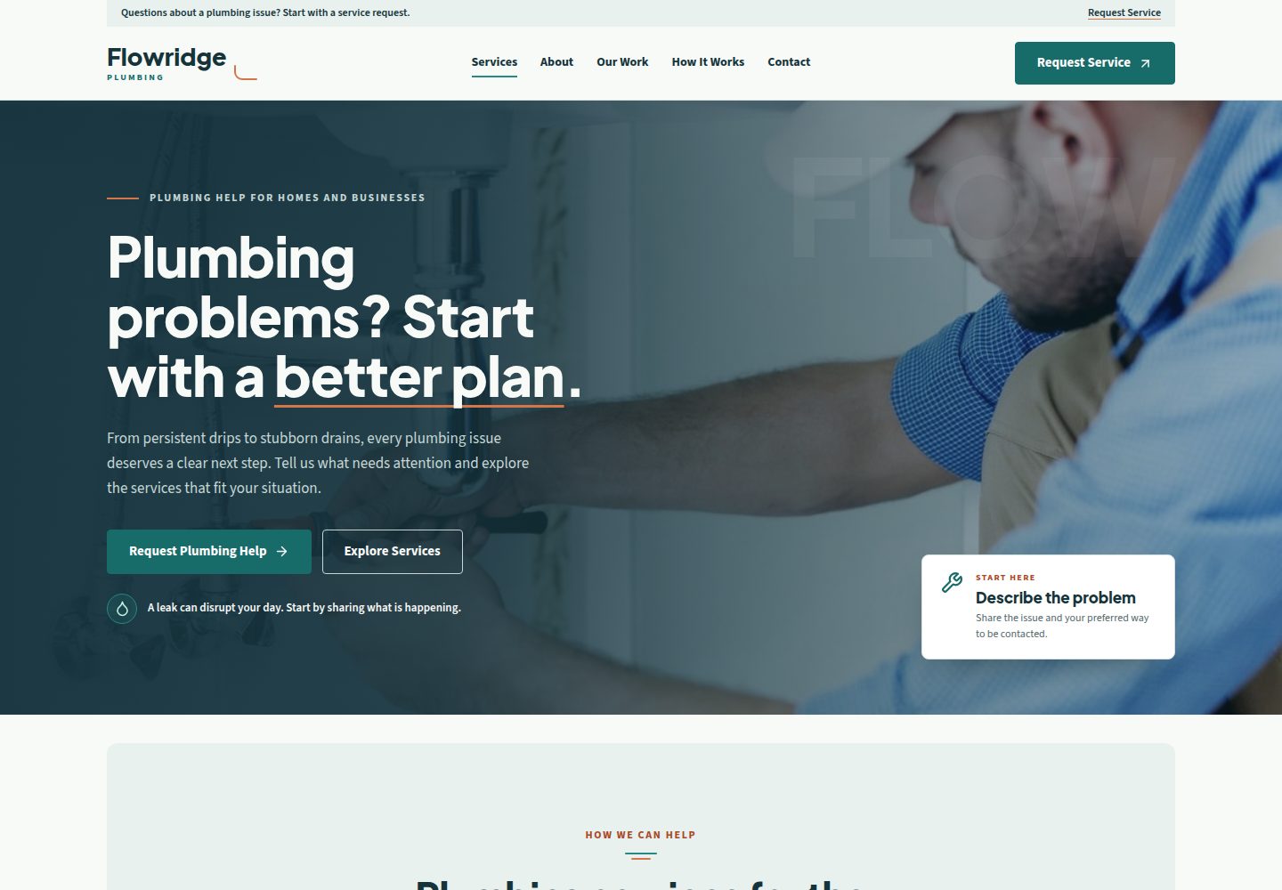 Flowridge Plumbing home page at desktop width