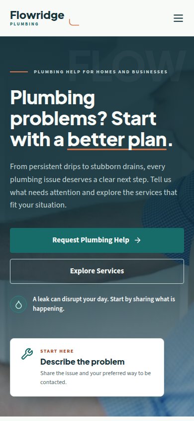 Flowridge Plumbing home page at phone width, top of the page
